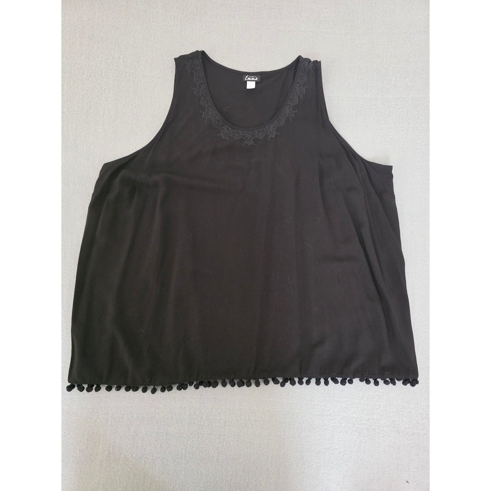 Simply Emma Womens 3X Black Sleeveless Tank Top Embroidered Pom Pom Hem Rayon